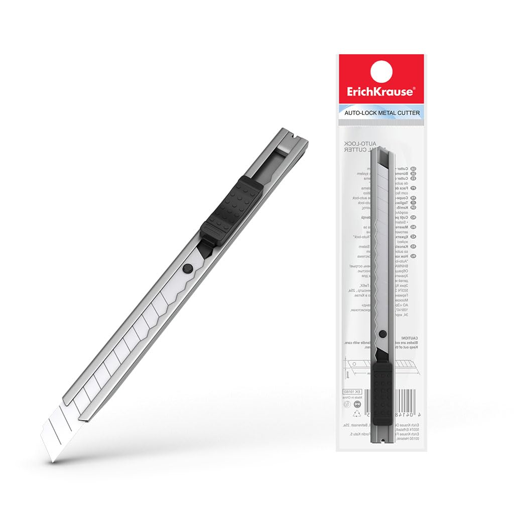 Cuttermesser 9mm 24 Stück Metallgehäuse - Universalmesser mit Stahlklinge und Auto-Lock - Teppichmesser mit robustem Gehäuse aus Metall silber
