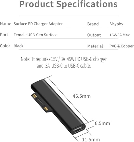 Miniatura 6 de Surface Connect to USB C Adaptador de carga (negro básico, solo conector, 1 paquete), compatible con Microsoft Surface Pro 76543 Go 12 Laptop 4321,