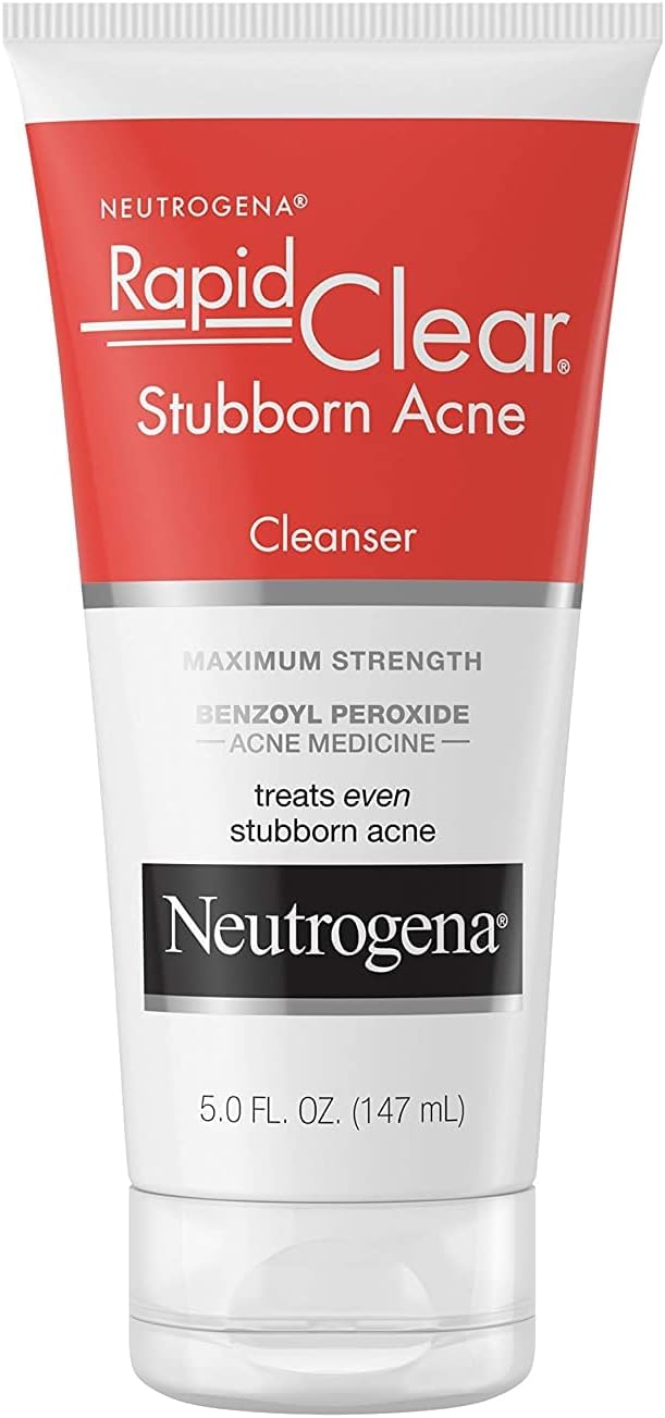 Neutrogena Rapid Clear Stubborn Acne Face Wash with 10% Benzoyl Peroxide Acne Treatment Medicine, Daily Facial Cleanser to Reduce Size and Redness of Acne, Benzoyl Peroxide Acne Face Wash, 5 Fl Oz