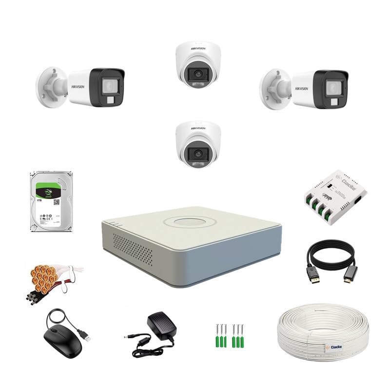 Image of Clocite Hikvision 3K /5MP 4 Channel DVR, 3K (5MP) 2 Dome & 2 Bullet Cameras [Color Night Vision + Built-in Audio MIC + SMART Dual Light + Motion Detection] + 1 TB HDD 4 CH SMPS + CCTV Cable + BNC /DC