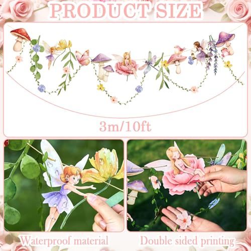 Image of Fairy Mushroom Banner Wildflower Party Decorations Paper Flower Leaves Banner Fairy Garland for Wall Decoration Spring Baby Shower Wedding Backdrop Decorations