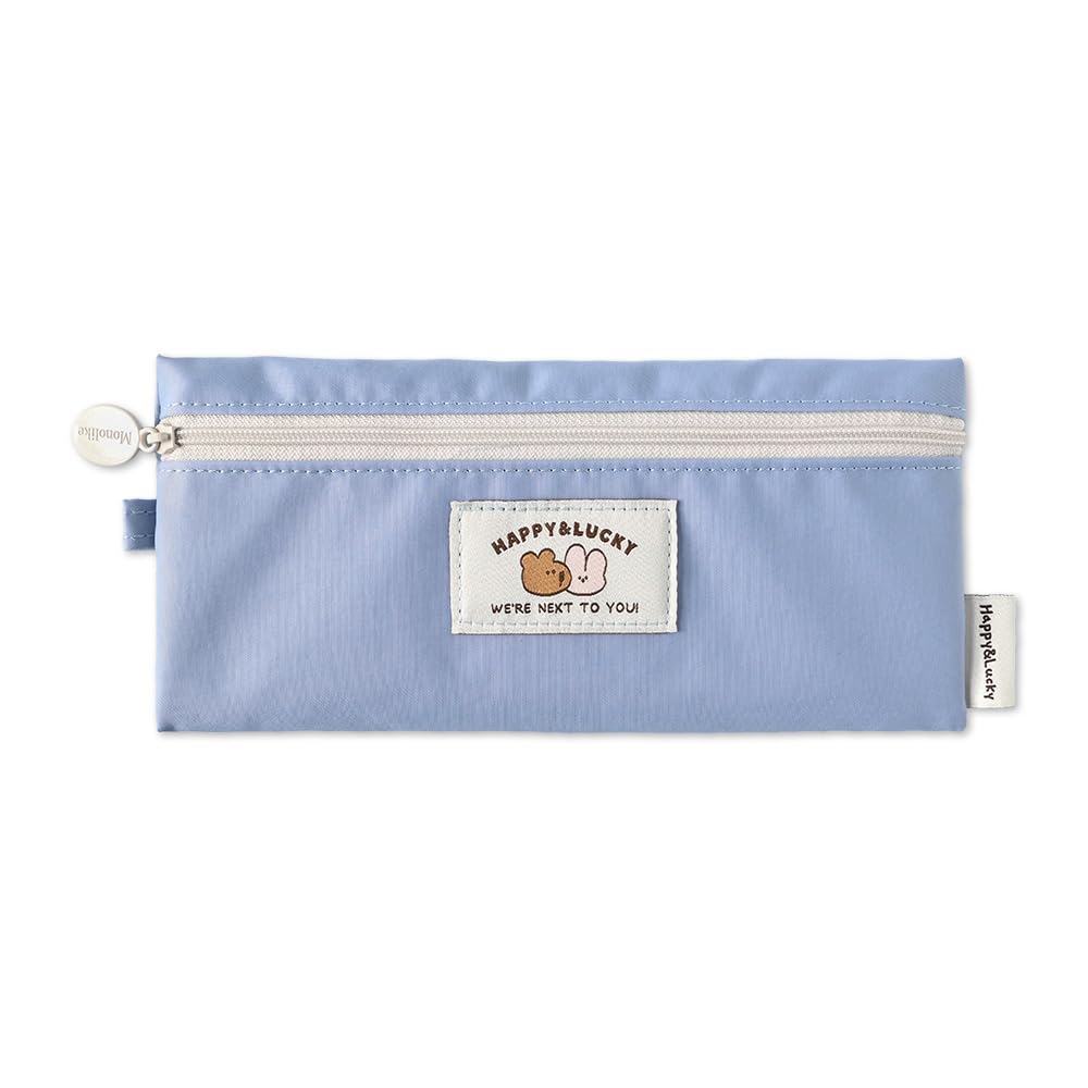 Monolike Happy and Lucky Flat Pencil Case, Pale Blue - Slim Water-Resistant Nylon Pen Pouch, Aesthetic Pastel Stationery Organizer for Office