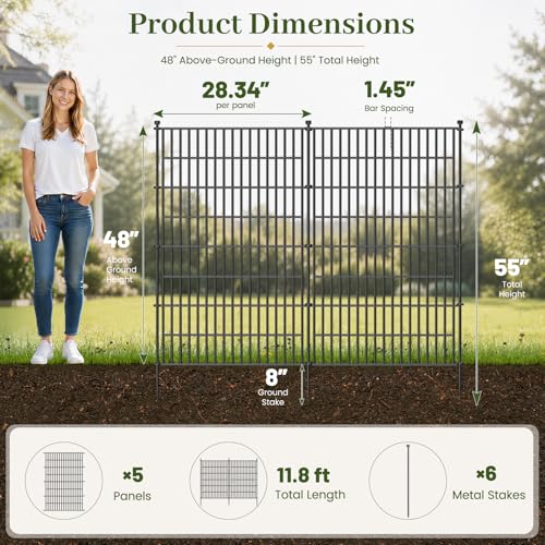 Image of No-Dig Decorative Outdoor Garden Fence for Yard, Animal Barrier Fencing for Dog | Rustproof Metal Temporary Fence for Patio, Pet and Flower Bed | 48in (H) x 11.8ft(L), 5 Panels