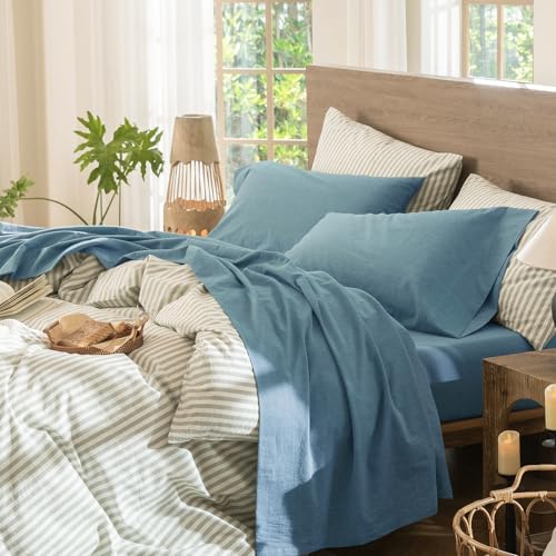 Image of MooMee Bedding Sheet Set 100% Washed Cotton Linen Like Textured Breathable Durable Soft Comfy (Heathered Peacock Blue, Queen)