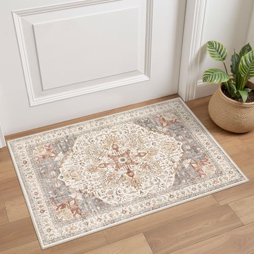 Tortania Area Rug 2x3 Doormat - Washable Vintage Oriental Farmhouse Soft Thin Indoor Carpet for Living Room Bedroom Hallway Entryway Kitchen - Orange Multi