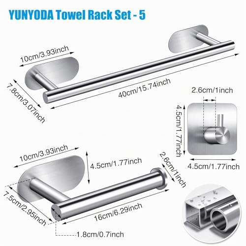 Miniatura 7 de Yunyoda Juego De Toalleros De Baño Sin Taladro, 5pcs Accesorios Baño De Acero Inoxidable, Toallero Adhesivo Baño, Portarrollos Para Papel, Gancho De Pared Para Toallas, 40cm, Plata