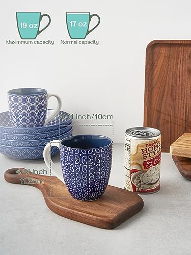 DOWAN Coffee Mugs Set of 6, 16 oz Large Porcelain Coffee Cups with Handle for Coffee Tea and Cocoa, Ceramic Coffee Mug for Women Men, Housewarming Wedding Gift, Vintage Blue