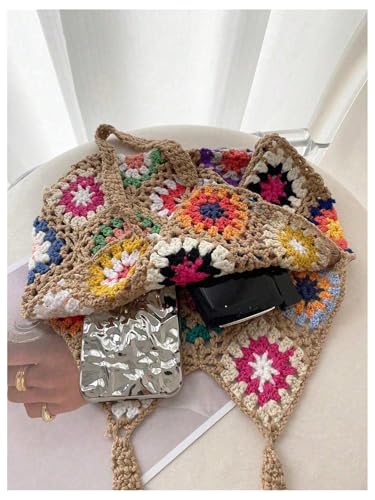 SweatyRocks Women's Floral Crochet Beach Bag Top Handle Vacation Boho Shoulder Handbags4