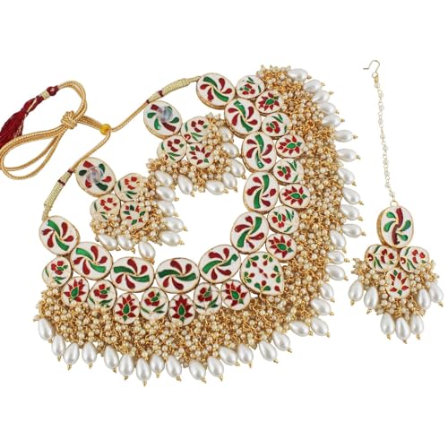 Image of Lucky Jewellery Back Meenakari 18k Gold Plated Set with Earring and Mang Tika Combo Uncut Big Faux Kundan Choker Necklace set (2415-J5SK-1815-PARENT)