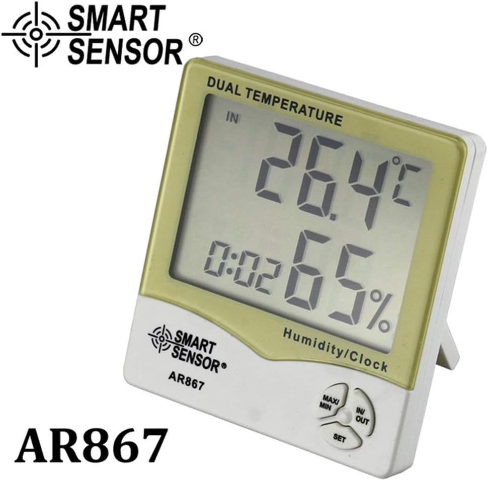 Smart Sensor AR867 Digital Thermometer Hygrometer displaying indoor temperature and humidity.
