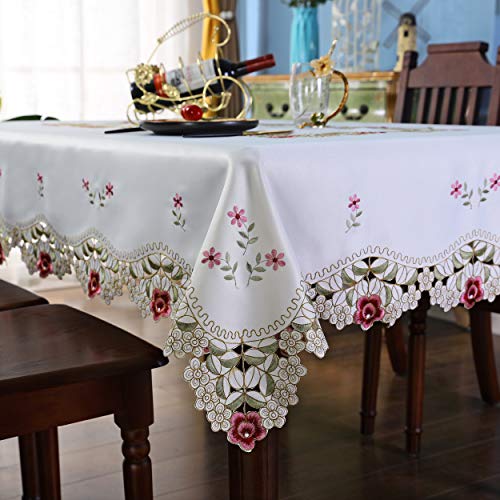 Damask Rose Camellia Embroidered Cream Floral Tablecloth Rectangular 60 x 86 inch Approx