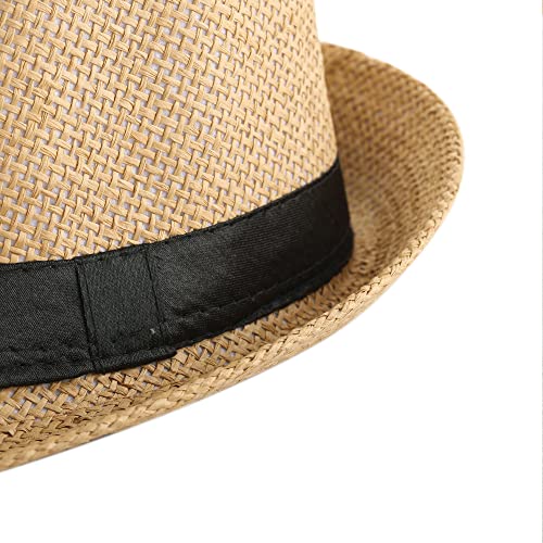 Faleto Unisex Summer Panama Straw Fedora Hat Short Brim Beach Sun Cap Classic (#01 Khaki) #TOP4