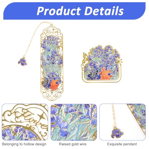 Image of Bookmark Gift Set of 2 Metal Bookmark and Page Clip, Artistic Floral Iris Embossed Hollow Design with Chain Charm, Premium Book Marker Gift for Readers, Students, Women and Men