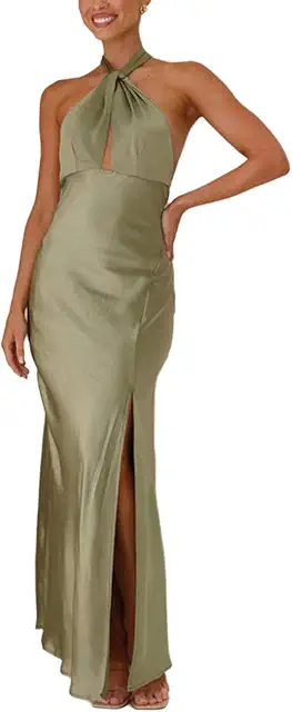 Green Satin Sleeveless Maxi Dress with Hanging Neck and High Split