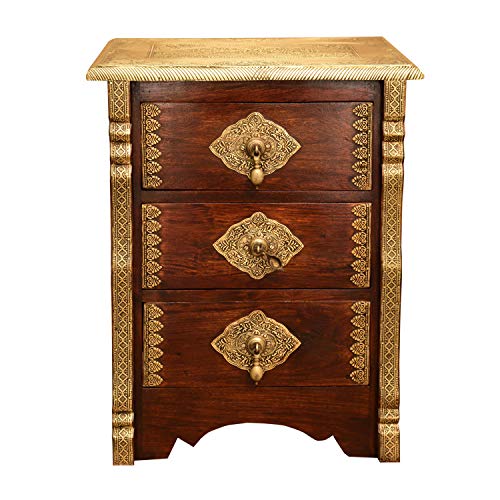 Casa Moro Orientalische Kommode Leyla 42x34x55 cm (B/T/H) mit 3 Schubladen aus Massivholz Sheesham mit Messing verziert | Kunsthandwerk | schmale Echtholz Kommoden-Schrank Handmade Nachttisch