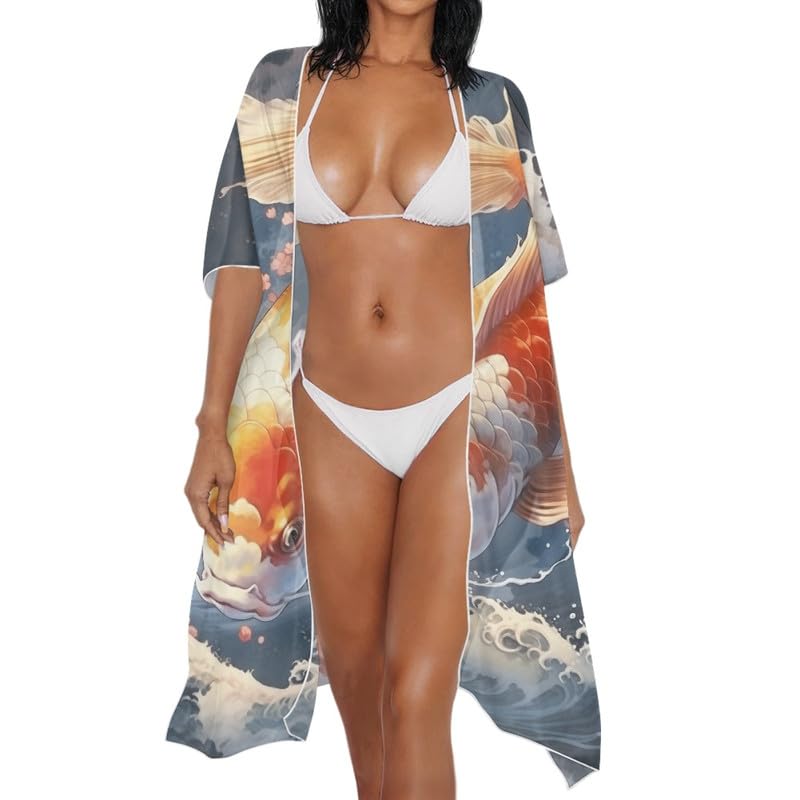 Irisjudy Women's Flowy Beach Kimono Boho Long Bikini Cover Up Dress, Tropical Style Short Sleeve Summer Kimono Cardigans4