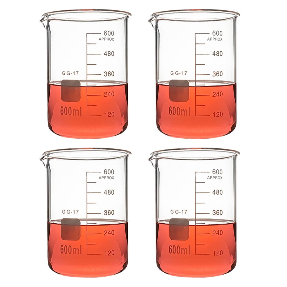 Vasos de precipitados de vidrio de forma baja de 600 ml, vaso de precipitados de laboratorio de borosilicato transparente, vaso de medición de vidrio con graduación y pico vertedor, para laboratorio