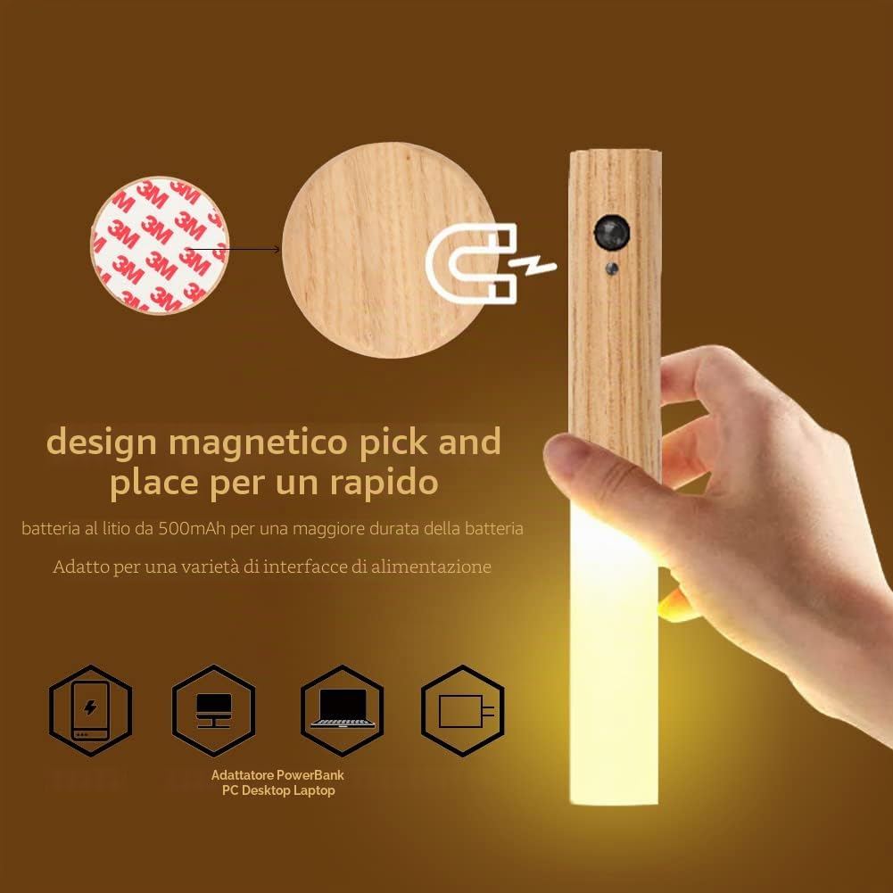 2 Pezzi Lampada da Parete in Legno, Luce Notturna per Interni con Sensore di Movimento, Batteria Ricaricabile Magnetica Senza Fili con Interruttore per Camera da Letto, Corridoio, Scale (legno)