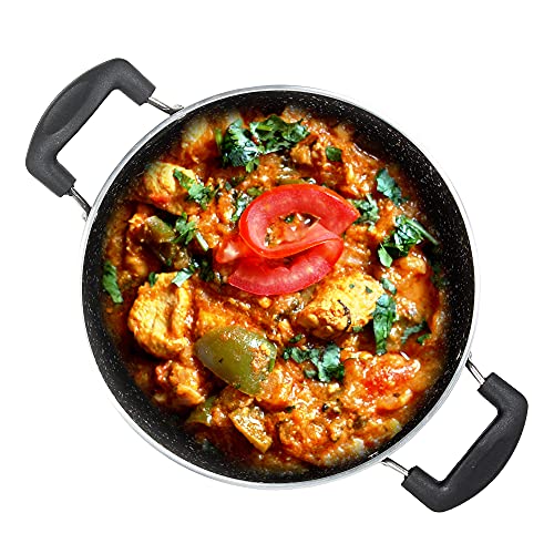 Image of Aluminium Nonstick Dual Coated Deep Kadai Without Lid PFOA Free for Oil Free Healthy Cooking with Food Grade Spatula - Black (Size 240 mm /2.6 mm Thick)