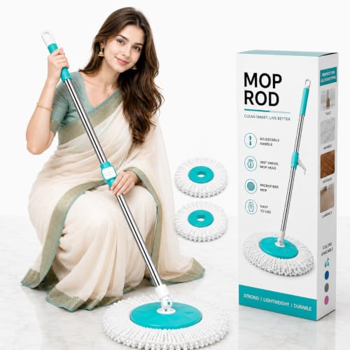 Image of Mi|Ton Spining Mop Set | Adjustable Mop Rod for Floor Cleaning | Stainless Steel Handle & 2 Microfiber Refills ,Easy to fit &use for All Types of Mops - ( C-Green )