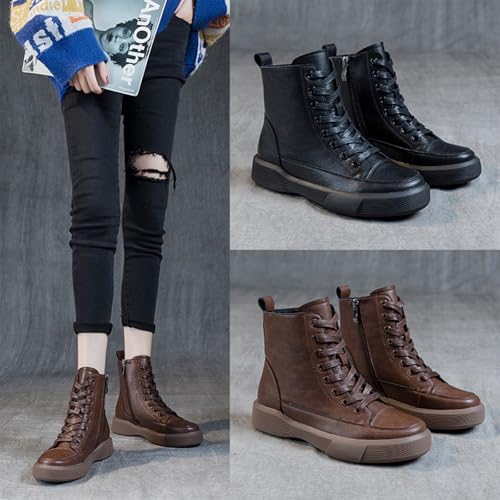 Womens Genuine Leather Lace Up Side Zipper High-Top Ankle Boots Retro Round Toe Platform Adds Height Fashion Combat Booties4