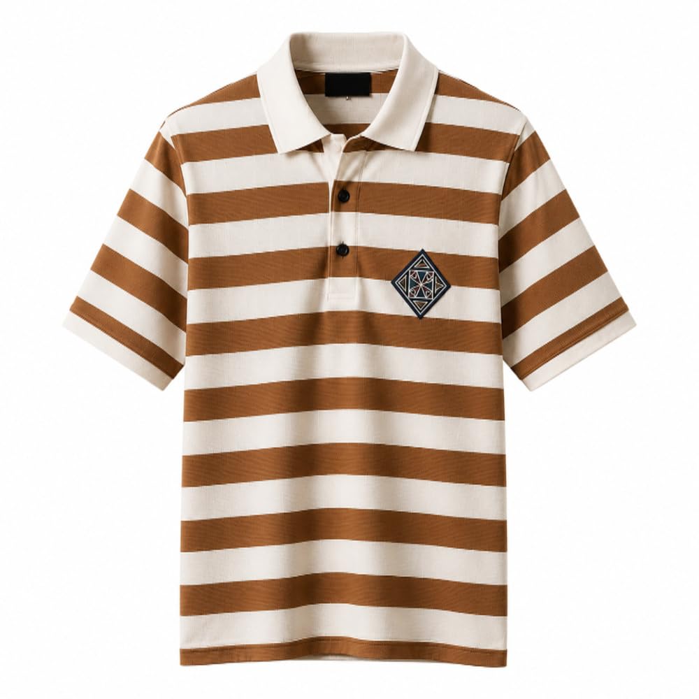 Men's 100% Cotton Striped Polo T-Shirt | Regular Fit Half Sleeve Collar Neck Casual Polo Tee for Men | Soft Breathable Everyday Wear (in, Alpha, L, Brown/White)-image-29