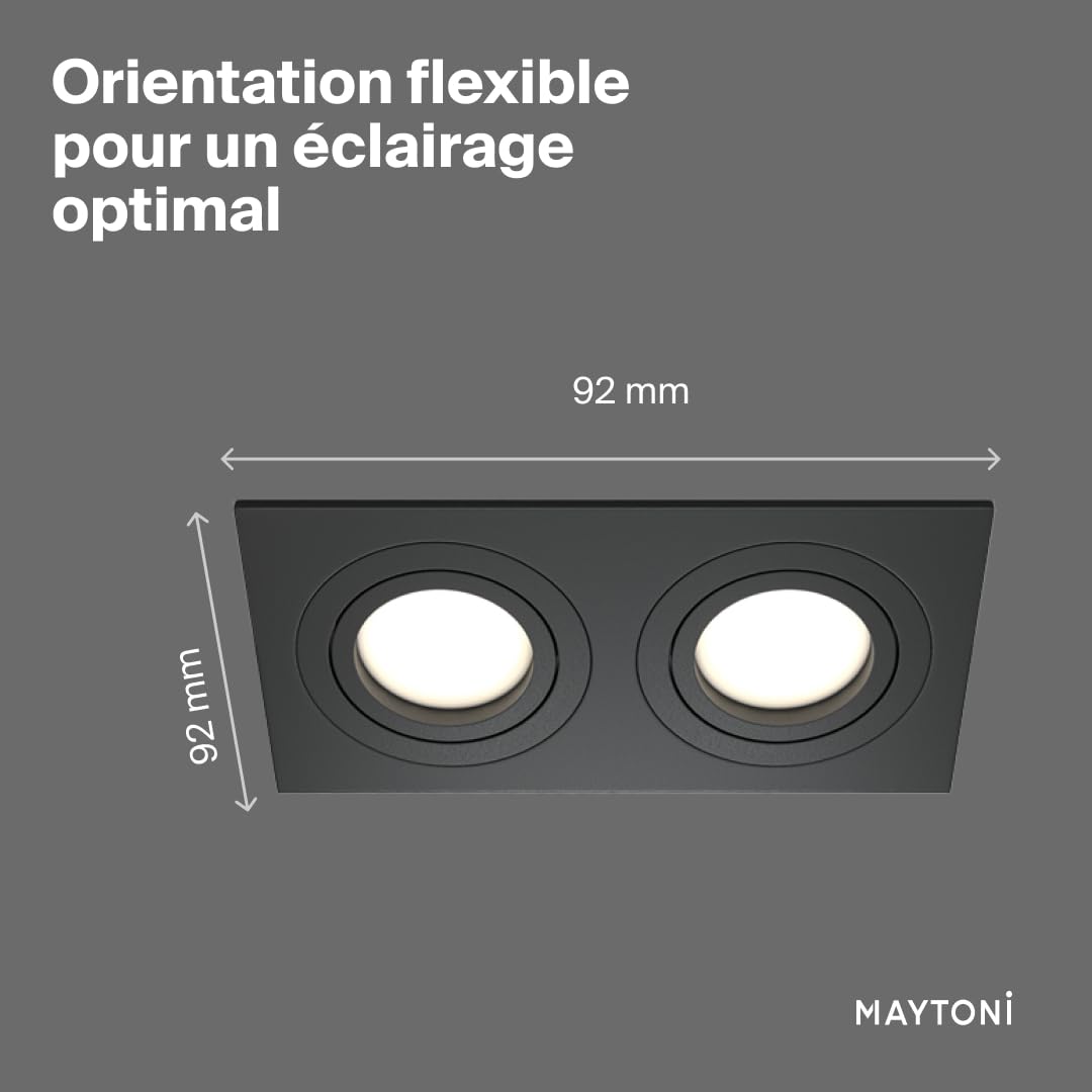 MAYTONI ATOM spot led encastrable carré – Downlight 2 x GU10 (10 W) – plafonnier LED plat en aluminium noir, orientable – luminaire plafonnier design pour cuisine, salon, chambre et couloir