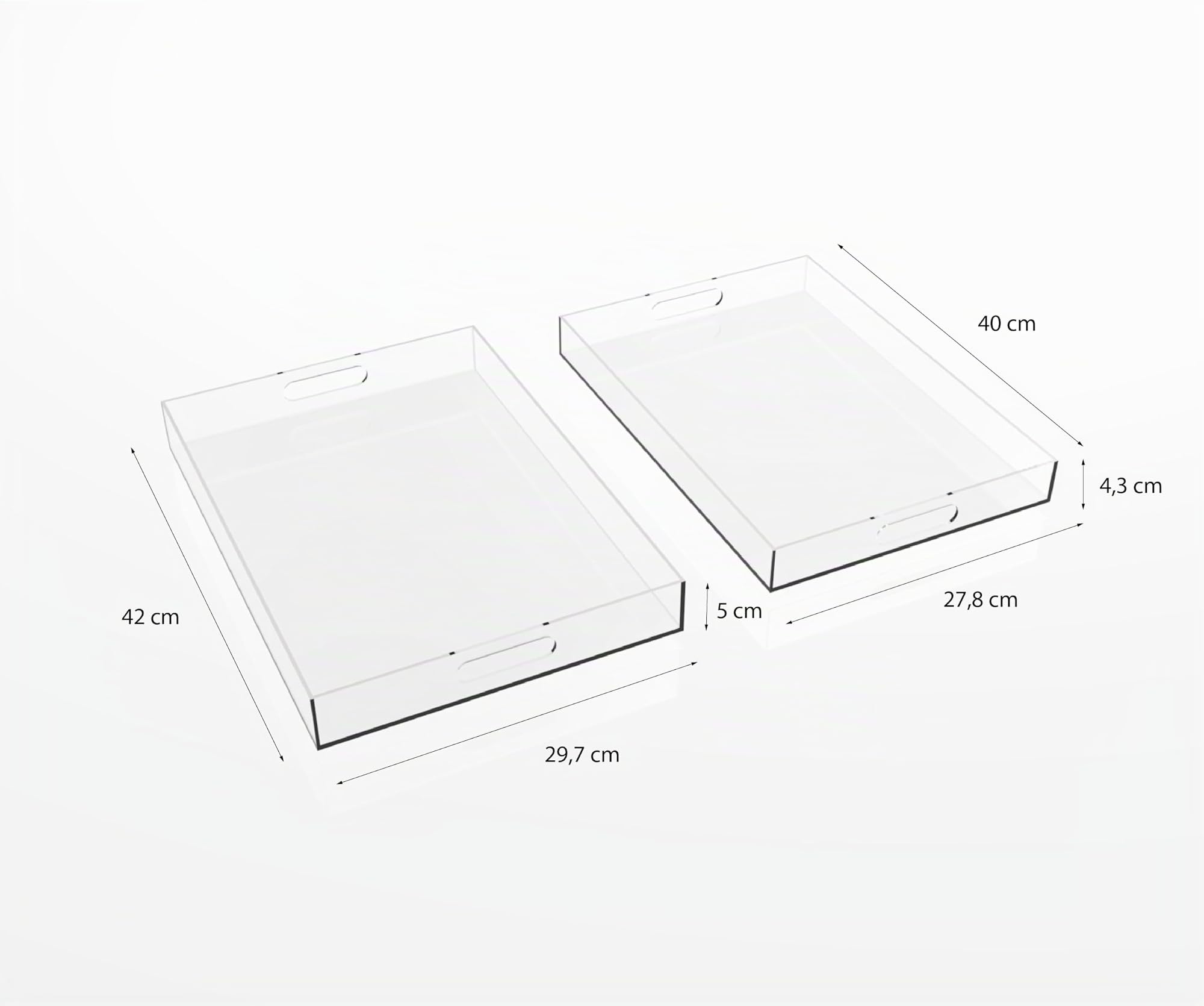 Lote de 2 Bandejas de Servicio de Acrílico Transparente Con Asas - Plástico Para Cocina, Comida, Organizador de Mesa, Joyas, Llaves, Baño y Cosmética