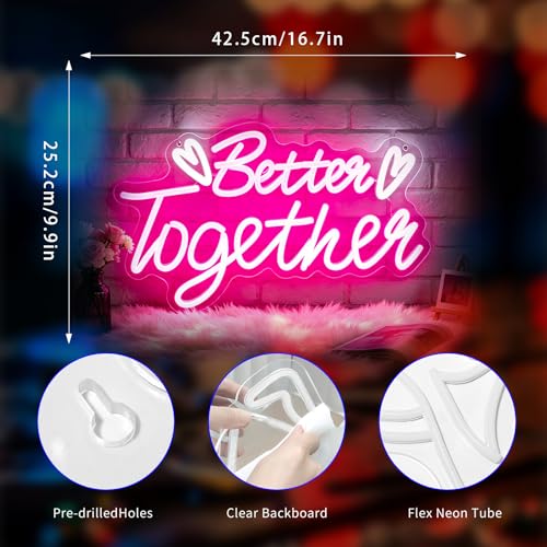 Image of Better Together Neon Sign, Neon Signs for Wall Decor Neon LED Signs Room Neon Light Up Signs Home Decor for Bedroom Club Party Bar Shop USB Operated