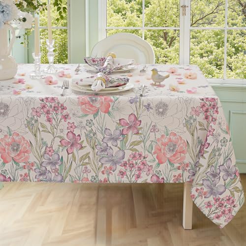 Honellaty Spring Summer Wildflowers Floral Herbs Tablecloth, Washable Wrinkle Free Elegant Texture Colorful Table Cover for Party Picnic Dinner Decor。52 x 70 Inch Rectangular