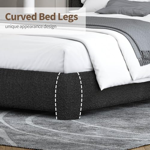 Image of BarnFurin Full Bed Frame, Cloud Boucle Headboard, Rounded Corners, Black | Soft boucle and rounded edges create a low-profile cloud look. Wooden slats support the mattress without a box spring