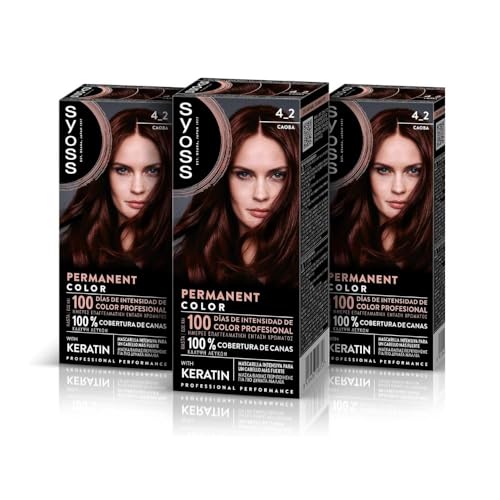 Syoss Permanent Color Tono 4.2 Caoba, Tinte para Pelo Mujer, Cobertura Profesional de Canas, Color Duradero y Cuidado Profundo, Incluye Mascarilla Intensiva con Keratina, Pack de 3