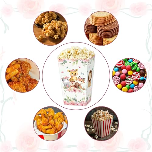 Image of JeVenis 12 PCS Pink Jungle Animal Popcorn Boxes Treat Bags Safari Animal Candy Goodie Bags for Wild One Safari Baby Shower Birthday Party Favors