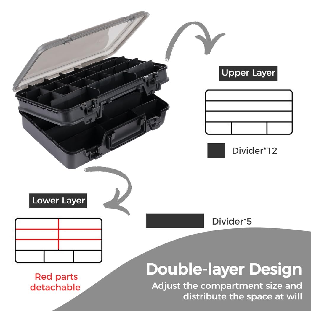 Doppellagige Tackle-Box, Angelbox mit zwei Ebenen und verstellbaren Trennwänden, große Aufbewahrungsbox für Angelzubehör für Outdoor-Einsätze, 14,2 x 9,8 x 4,7 Zoll