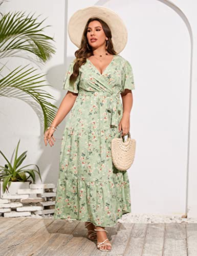 Image of ShopWonder Womens Plus Size V Neck Wrap Maxi Dress High Waist Ruffle Summer Casual Dress with Belt