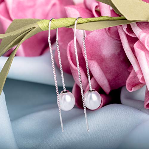 MOLAH 925 Sterling Silver Genuine Cultured Freshwater Pearl 8-8.5mm Threader Earrings Rhodium Plated4