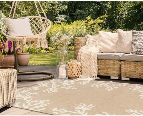 Liora Manne Carmel Indoor/Outdoor Power Loomed Synthetic Blend Low Profile Area Rug - Transitional Border Coastal Ocean Decorative (Coral Border Sand) (6'6" x 9'4")