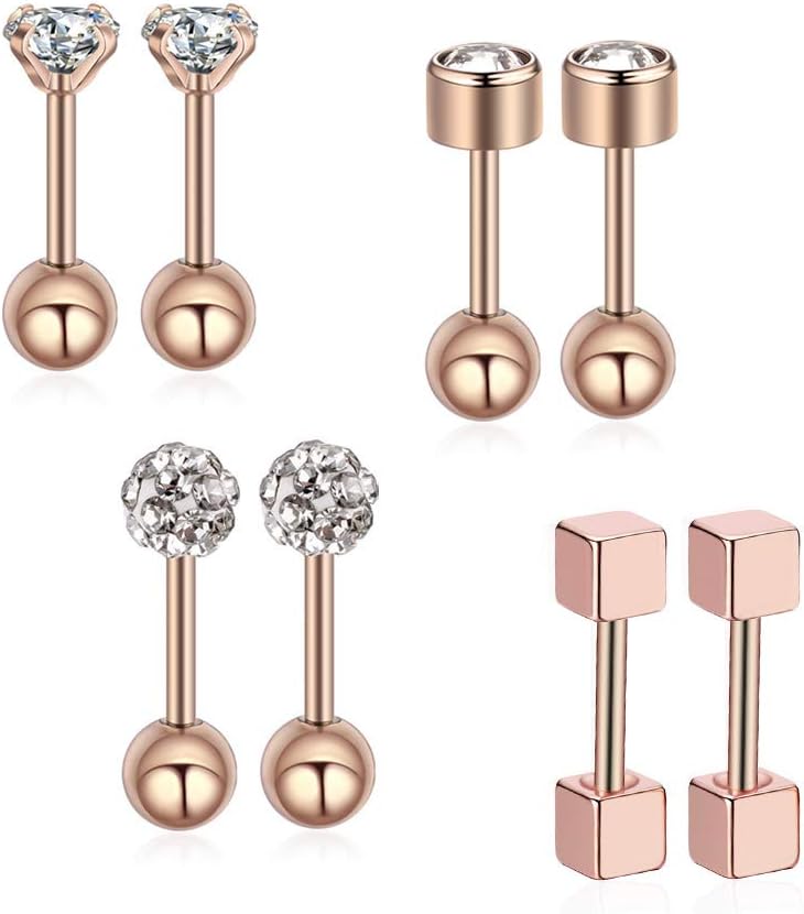 Gnoliew 18G Stainless Steel Stud Earrings Cartilage Tragus Helix Barbell Piercing Jewelry (4Pairs) (Rose Gold)