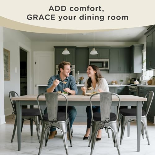 Image of AddGrace Set of 6 Chair Cushions for Metal Dining Chairs 14x14 Black | Non Slip,Washable Removable Cover with Ties, Textured, for Kitchen Dining Room Indoor, Hard Wooden Chairs, Family Gathering