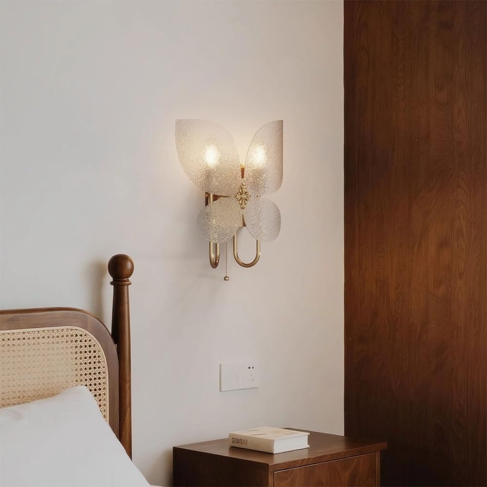 French Mid-Century Modern Wall Sconce,E14 Butterfly Glass Wall Light Fixture with Pull Chain,Modern Glam Decorative Textured Acrylic Wall Lamp for Bedroom Bedside,Living Room Parlor