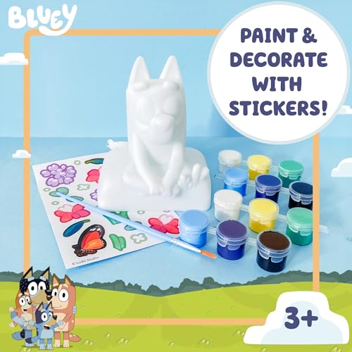 Image of Bluey Paint Your Own Piggy Bank, Includes 6 Paints, Vinyl Stickers, Craft for Kids, Great Gift Birthday Party, Toy Figures, Paintable Toys for Toddlers 1-3