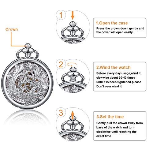 Image of ManChDa Antique Mechanical Pocket Watches for Men Lucky Dragon Phoenix Pocket Watch with Chain Skeleton Dial Roman Numerals Gifts for Fathers Day