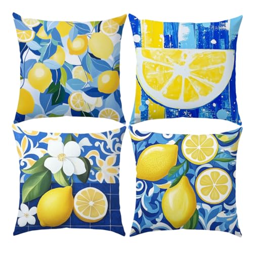 LANBEIDE Lot de 4 housses de coussin motif citron - 45 x 45 cm - Bleu et jaune - Décoration pour maison, extérieur, jardin, banc, salon, canapé