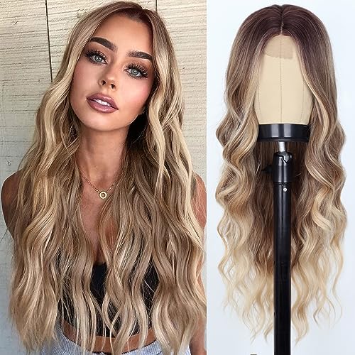 WERD Long Dirty Blonde Wig for Women Ombre Wavy Blonde Wigs Synthetic 26 Inch Middle Part Curly Blonde Wig for Cosplay Party Use
