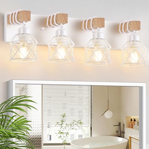 Image of FadimiKoo 4-Light Farmhouse Vanity Lights for Bathroom, White Wood Bathroom Light Fixtures Over Mirror, Rustic Vanity Lights with Metal Shade, Bathroom Lighting for Living Room, Bedroom, Hallway