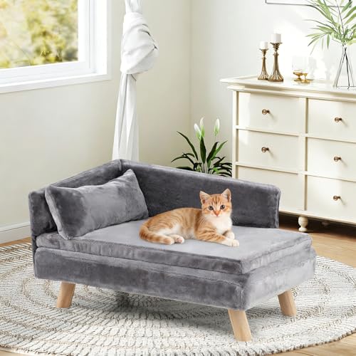 GYMAX Hundesofa erhöht, Katzensofa mit Rückenlehne, Kiefernholzbeinen & abnehmbaren Kissen, Haustiersofa für mittlere Hunde unter 50 kg, Hundebett, Hundecouch, 81 x 51 x 47 cm (Grau)