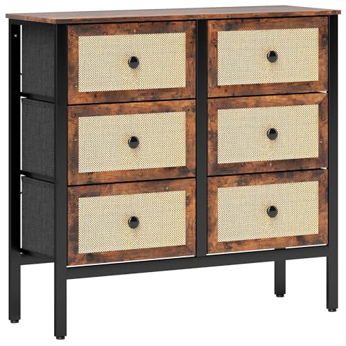 HOMCOM Cómoda para Dormitorio Cajonera de Tela con 6 Cajones Plegables con Frentes de Ratán y Marco de Acero Cajonera para Dormitorio Salón Marrón Rústico