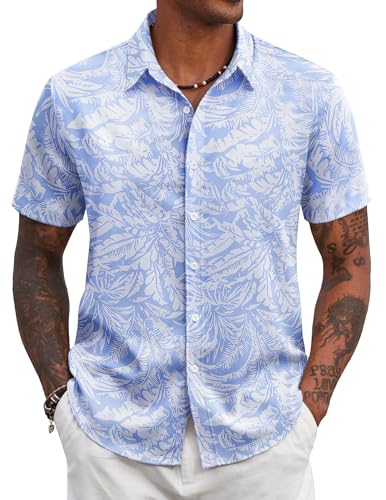 COOFANDY Camisa Hawaiana Hombre Manga Corta Camisas Flores Camisas Verano Estampadas Ajuste Regular Hoja Azul/Blanca S
