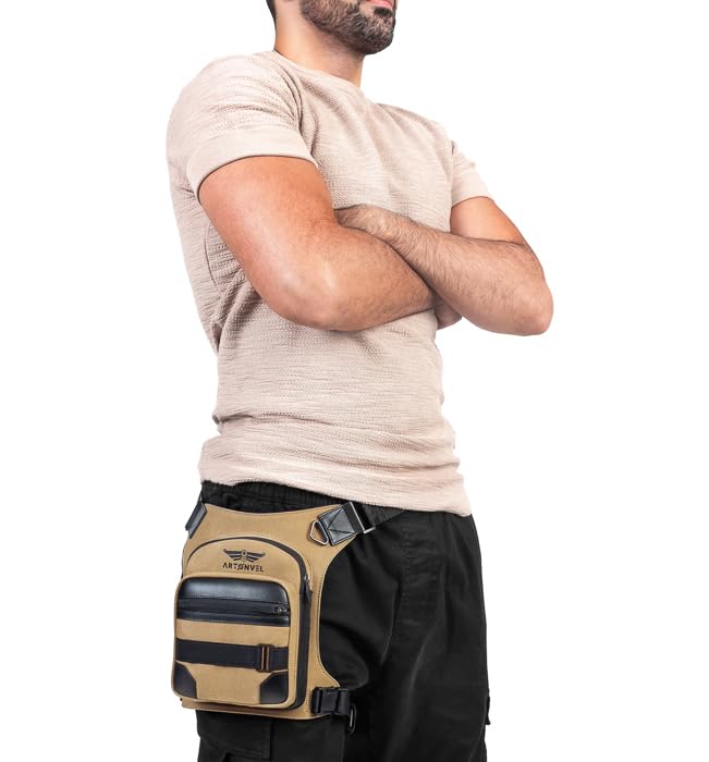 Artonval – Bolsa de pierna para moto, lona militar, ultra resistente, piel de vaca completa, estilo vintage, impermeable y ligero, bolsa ajustable, ergonómica, duradera – 3 años de garantía, beige,