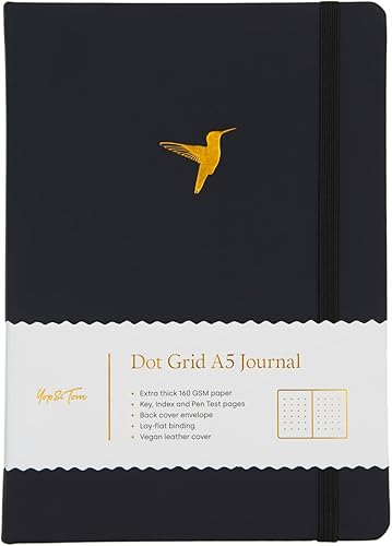 Yop & Tom Diario de cuadrícula de puntos A5, con papel extra grueso (160 GSM) y encuadernación plana, diario de cuadrícula de balas (colibrí, carbón)